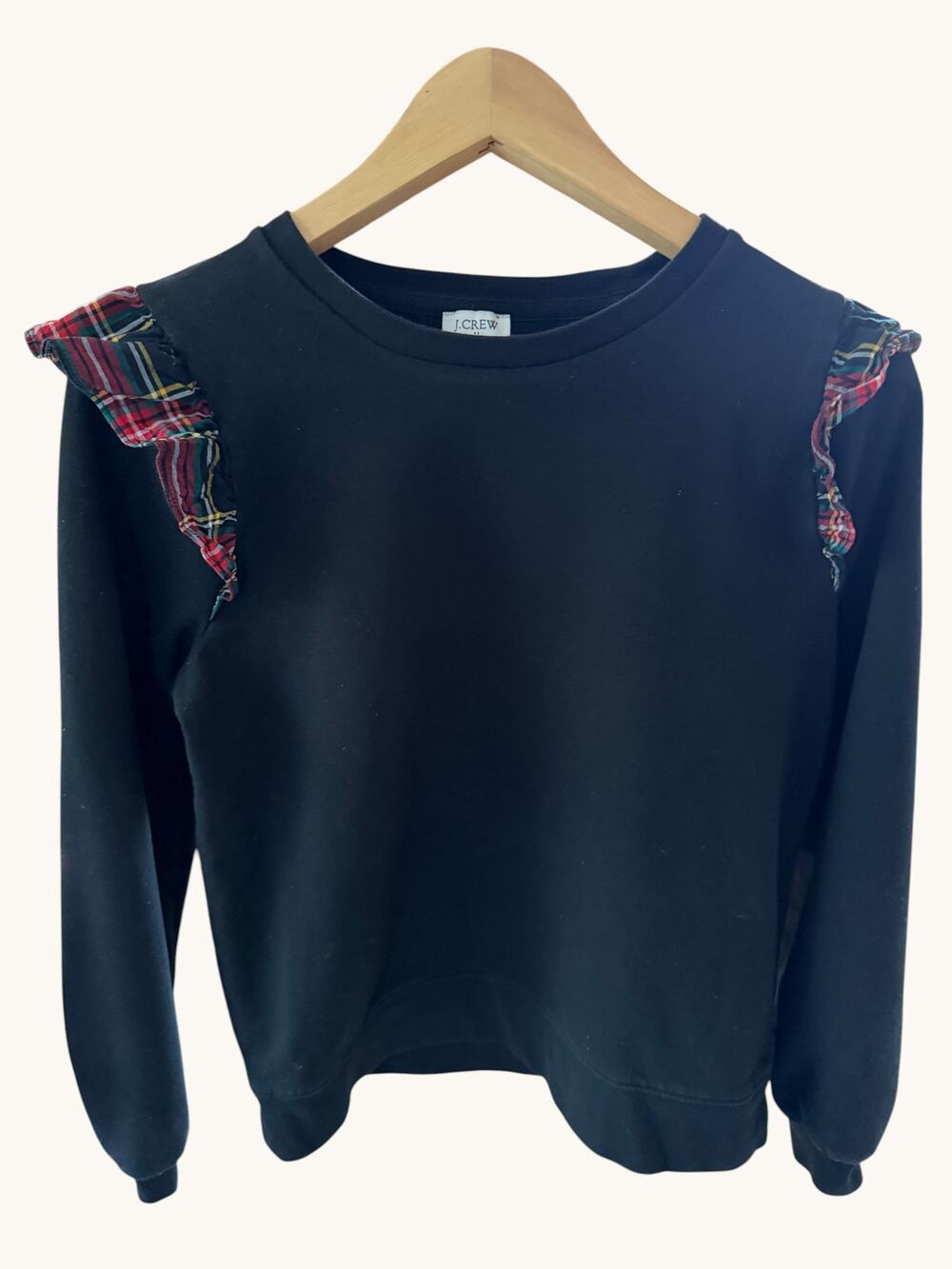 J.Crew Black Ruffle Plaid Trim Crewneck Sweatshirt Women Size Small